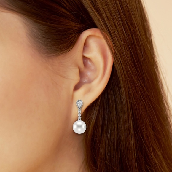 Cultured Freshwater Pearl and 1/3 ctw Lab Grown Diamond Linear Drop Earrings - Picture 2 of 7